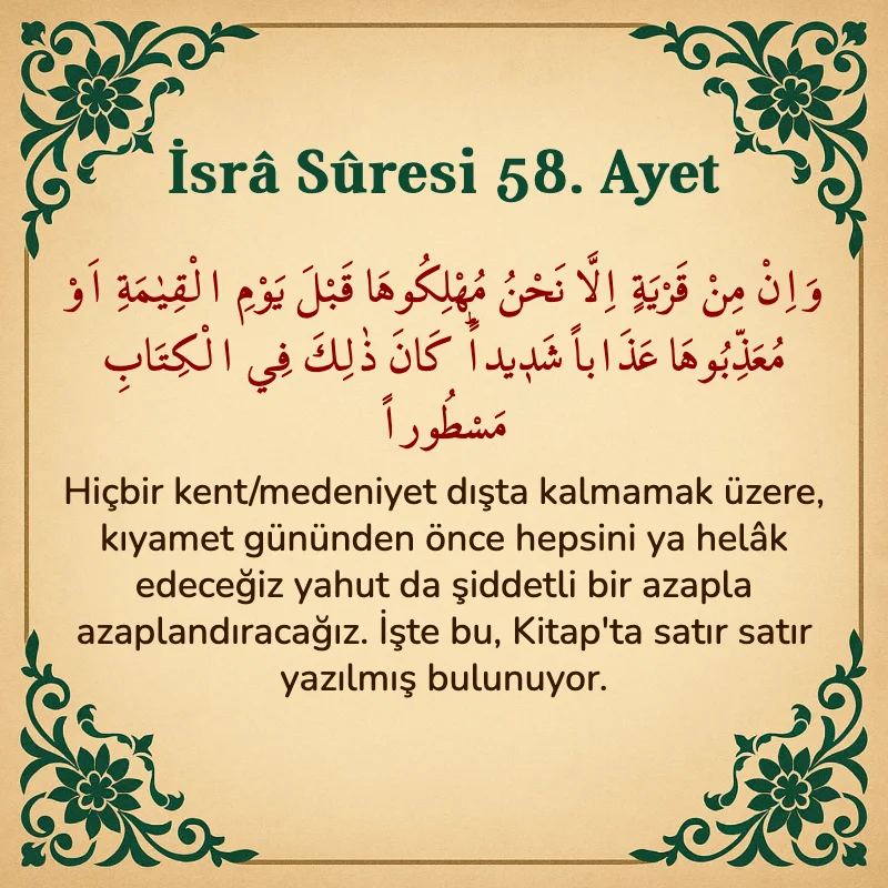 İsra Suresi 58. Ayet Arapça ve Türkçe meali