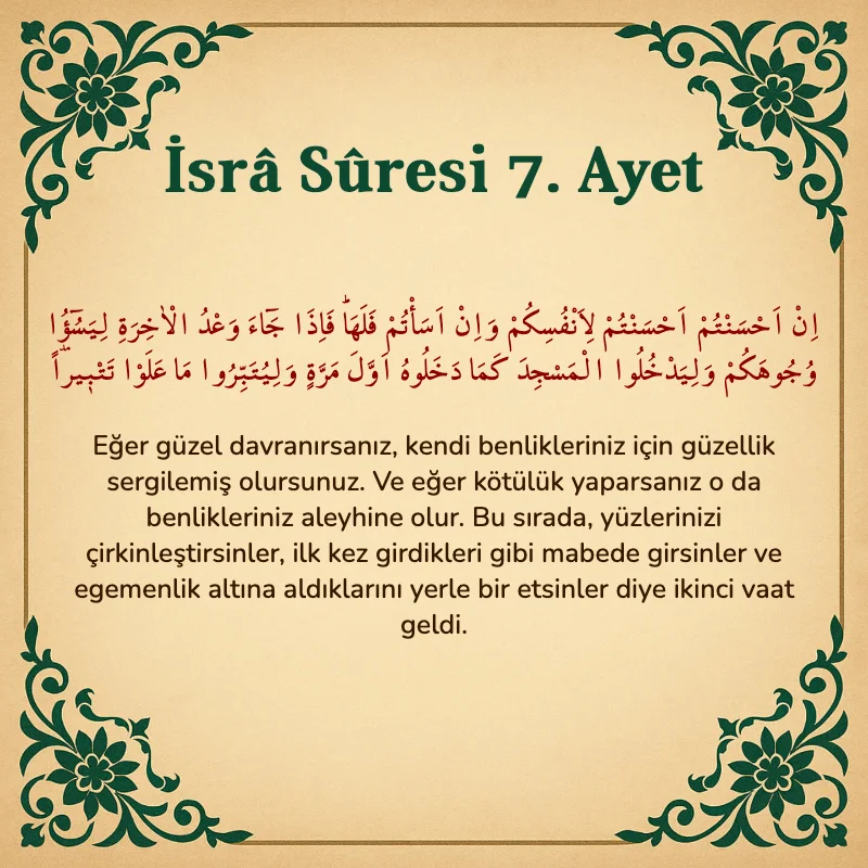 İsra Suresi 7. Ayet Arapça ve Türkçe meali