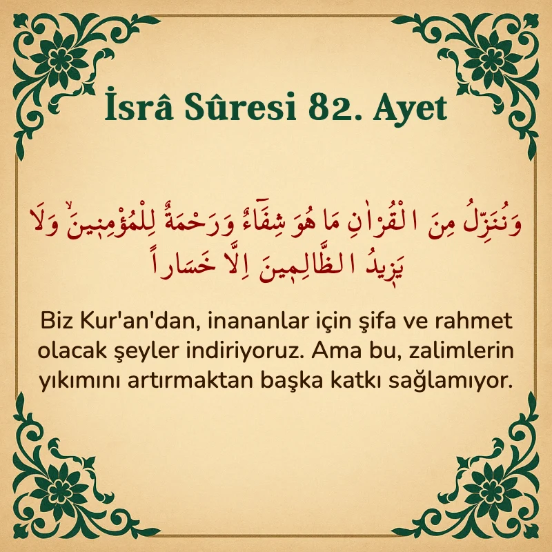 İsra Suresi 82. Ayet Arapça ve Türkçe meali