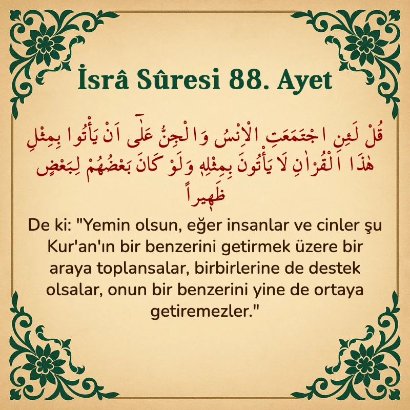 İsra Suresi 88. Ayet Arapça ve Türkçe meali