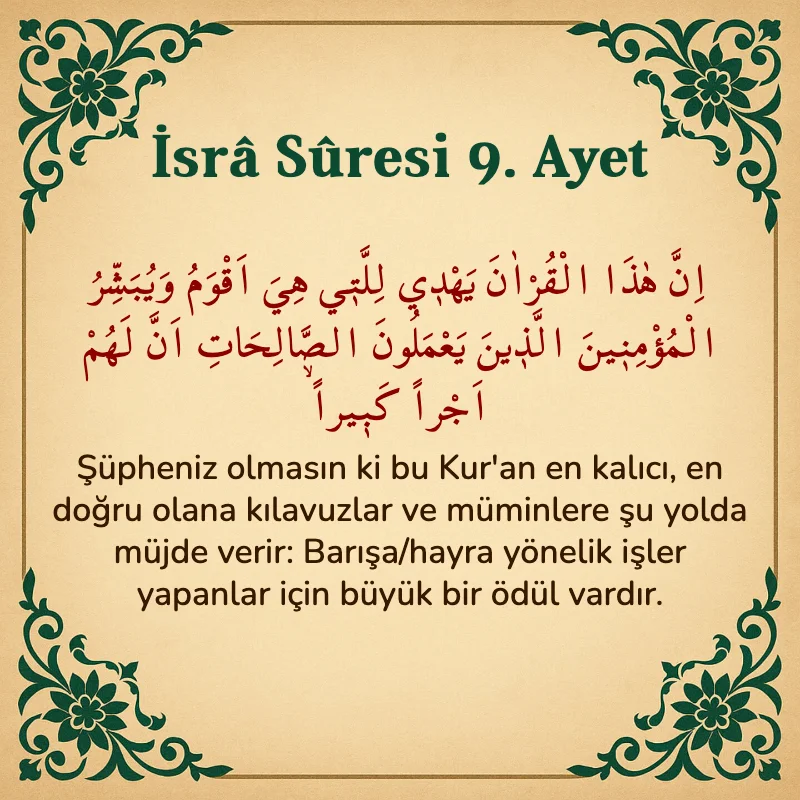 İsra Suresi 9. Ayet Arapça ve Türkçe meali