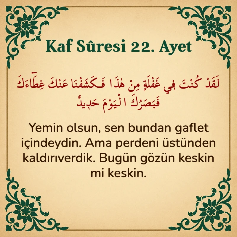 Kaf Suresi 22. Ayet Arapça ve Türkçe meali