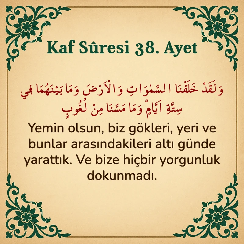 Kaf Suresi 38. Ayet Arapça ve Türkçe meali