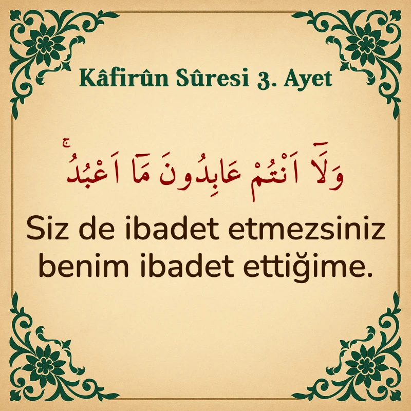 Kafirun Suresi 3. Ayet Arapça ve Türkçe meali