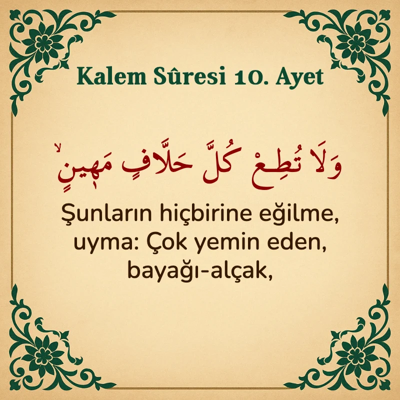 Kalem Suresi 10. Ayet Arapça ve Türkçe meali