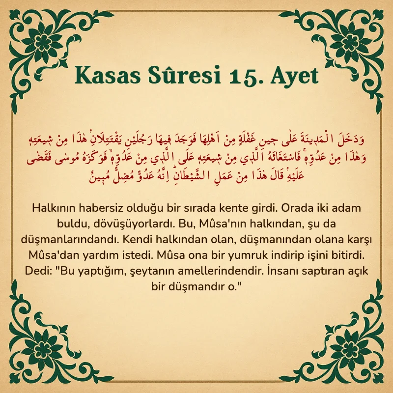 Kasas Suresi 15. Ayet Arapça ve Türkçe meali