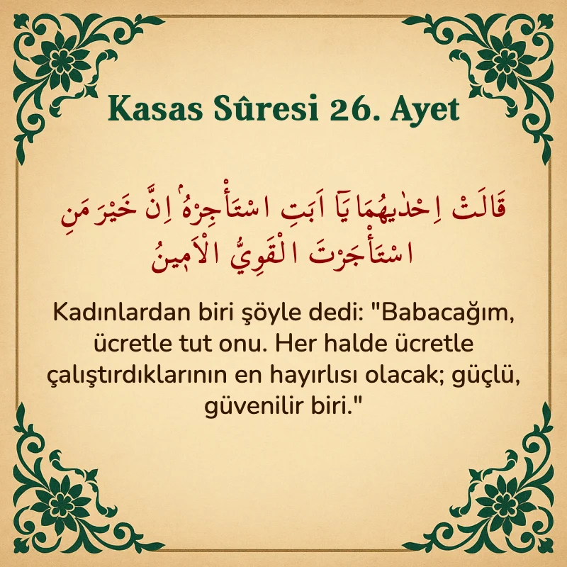 Kasas Suresi 26. Ayet Arapça ve Türkçe meali