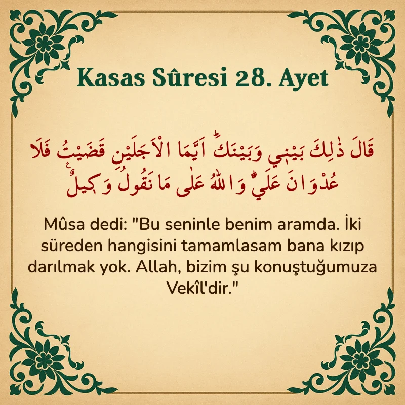 Kasas Suresi 28. Ayet Arapça ve Türkçe meali