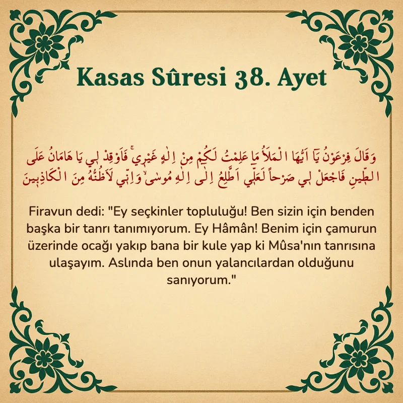 Kasas Suresi 38. Ayet Arapça ve Türkçe meali