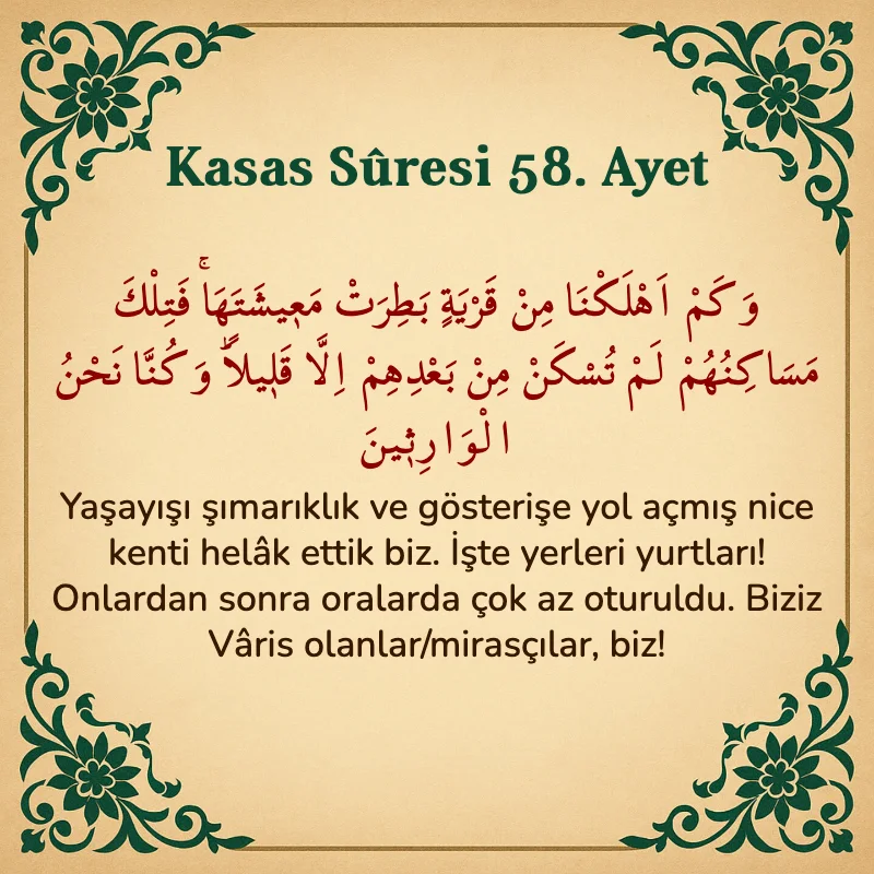 Kasas Suresi 58. Ayet Arapça ve Türkçe meali