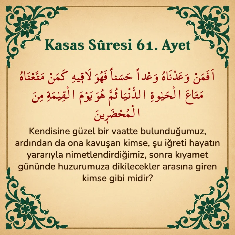Kasas Suresi 61. Ayet Arapça ve Türkçe meali