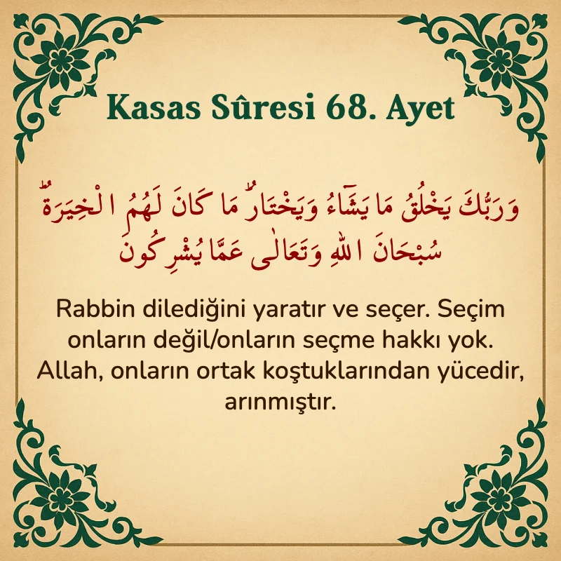 Kasas Suresi 68. Ayet Arapça ve Türkçe meali