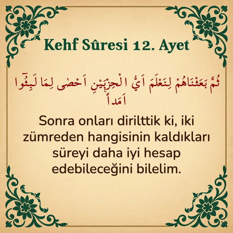 Kehf Suresi 12. Ayet Arapça ve Türkçe meali