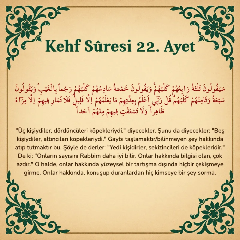 Kehf Suresi 22. Ayet Arapça ve Türkçe meali