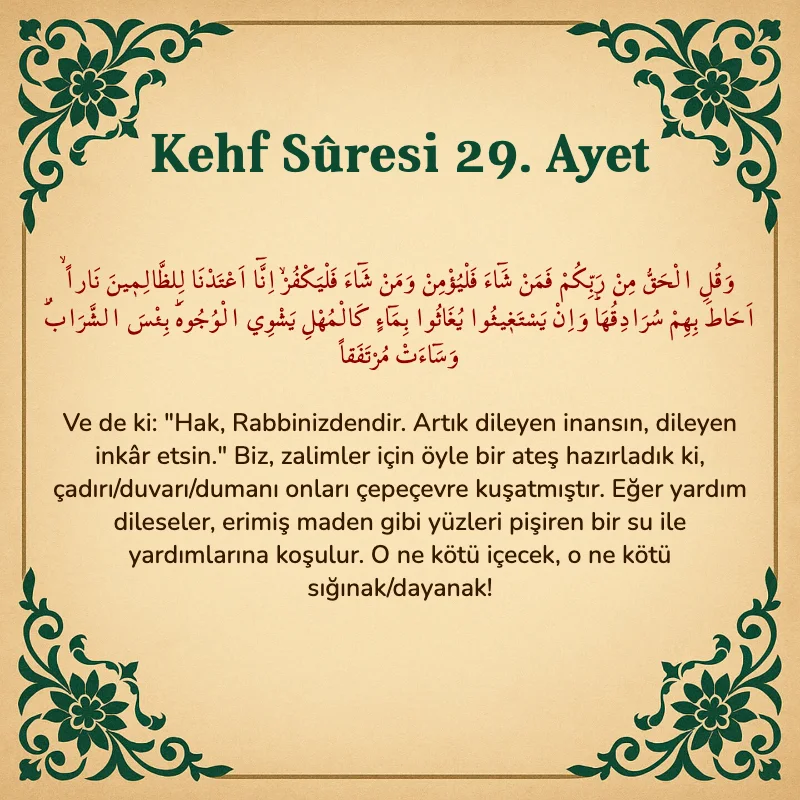 Kehf Suresi 29. Ayet Arapça ve Türkçe meali