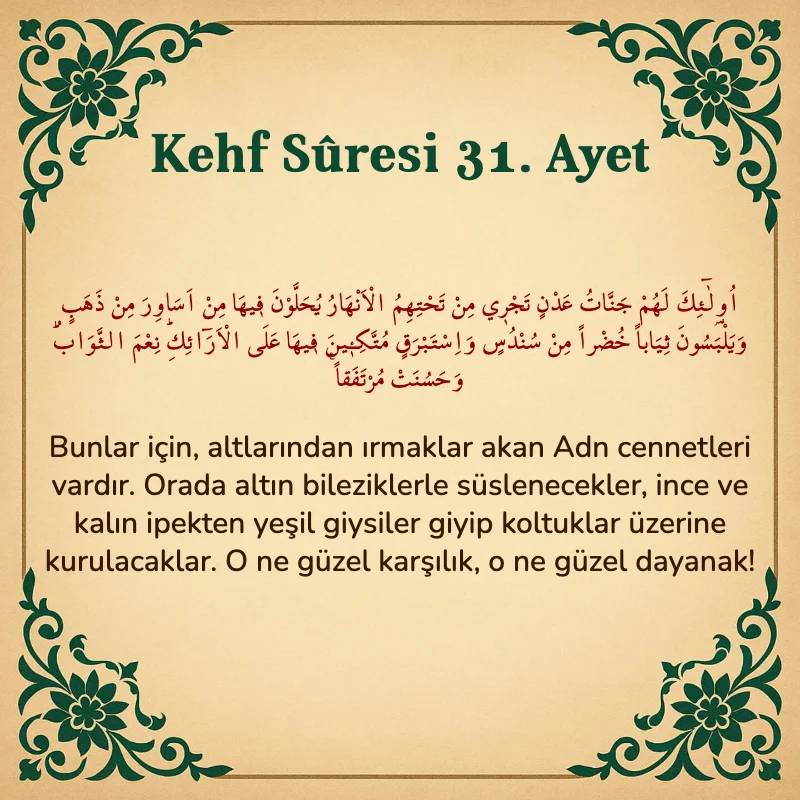 Kehf Suresi 31. Ayet Arapça ve Türkçe meali