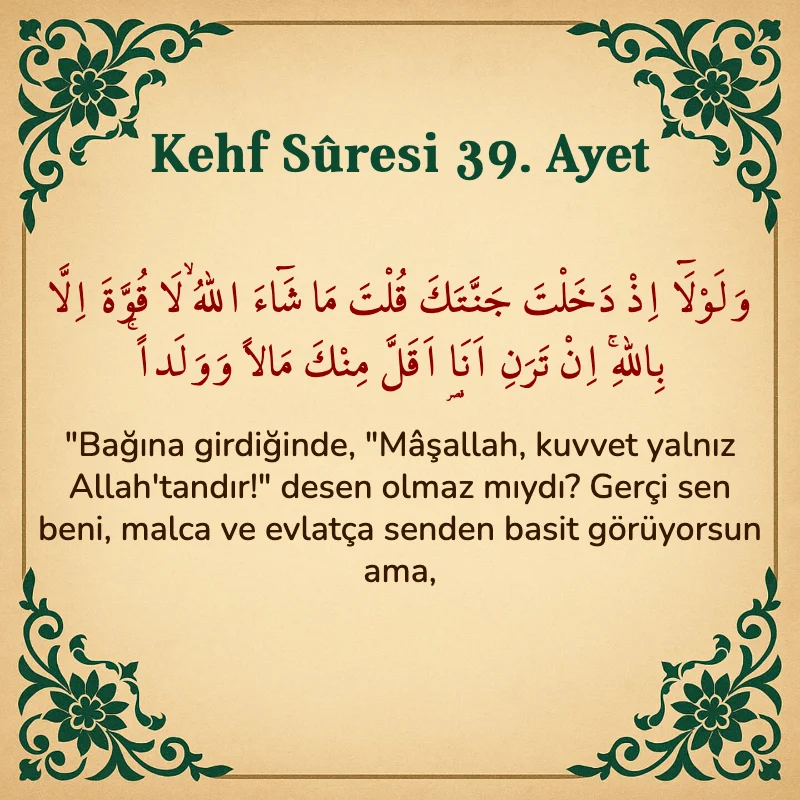Kehf Suresi 39. Ayet Arapça ve Türkçe meali