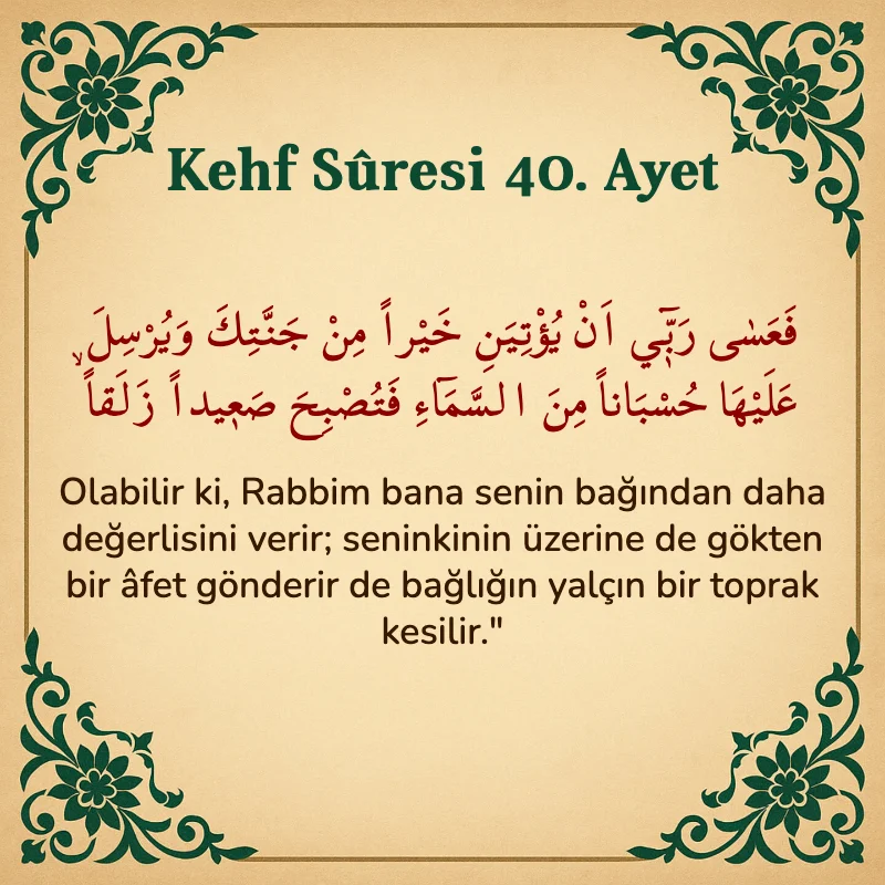 Kehf Suresi 40. Ayet Arapça ve Türkçe meali
