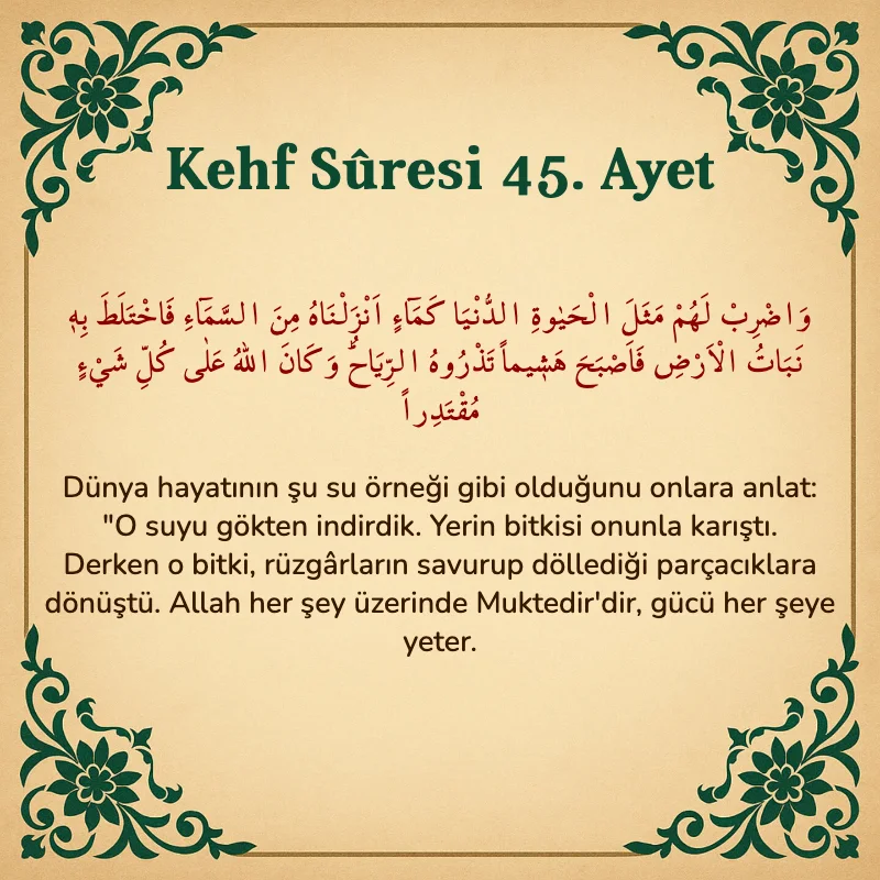 Kehf Suresi 45. Ayet Arapça ve Türkçe meali