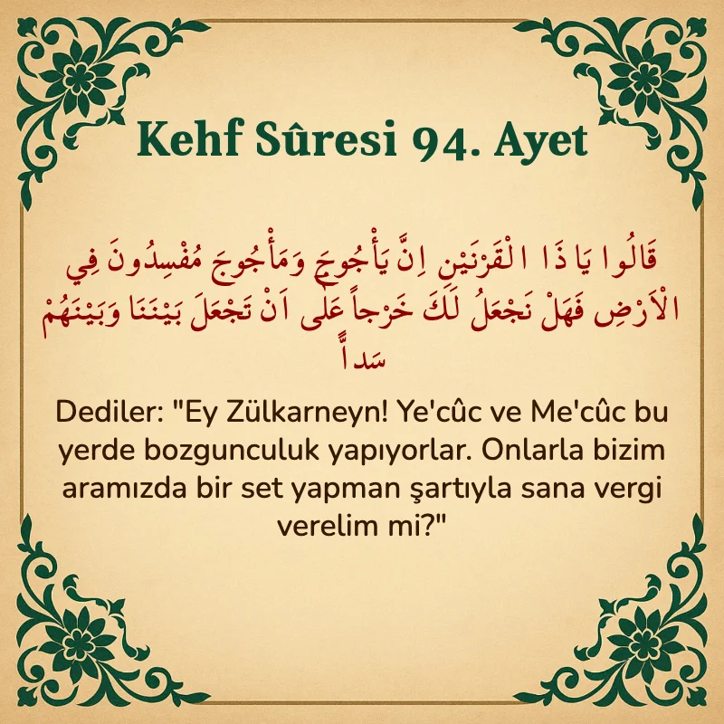 Kehf Suresi 94. Ayet Arapça ve Türkçe meali