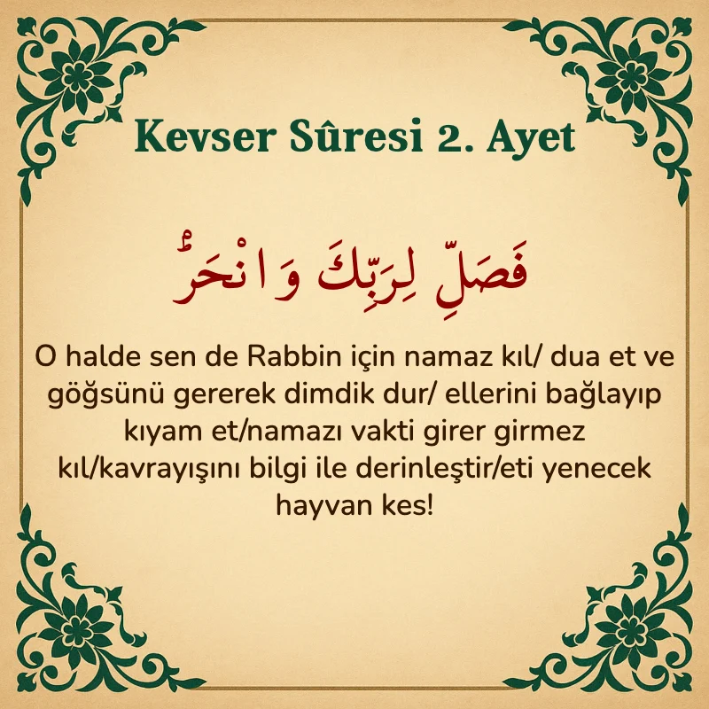 Kevser Suresi 2. Ayet Arapça ve Türkçe meali