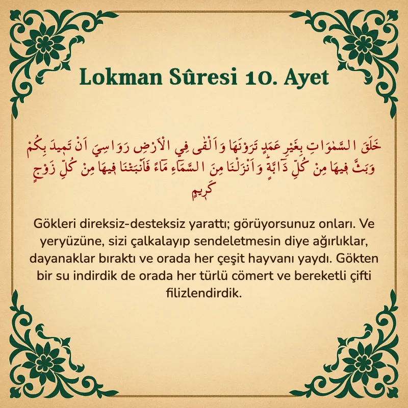 Lokman Suresi 10. Ayet Arapça ve Türkçe meali
