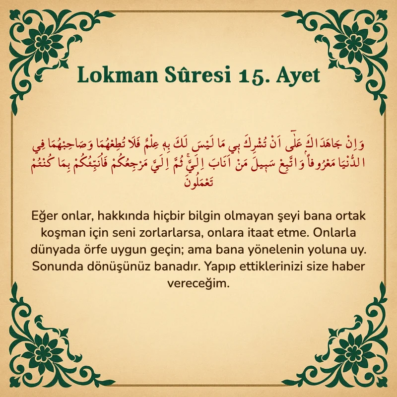 Lokman Suresi 15. Ayet Arapça ve Türkçe meali