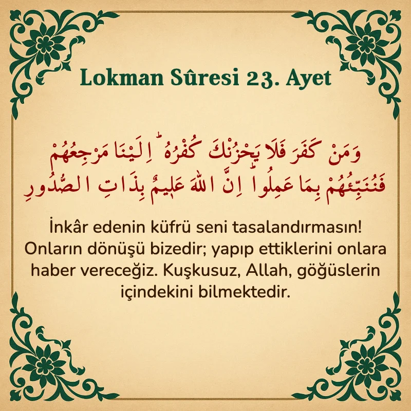 Lokman Suresi 23. Ayet Arapça ve Türkçe meali