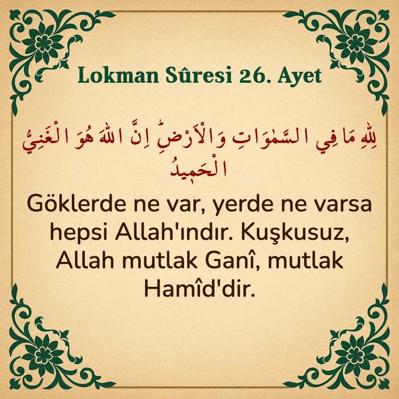 Lokman Suresi 26. Ayet Arapça ve Türkçe meali