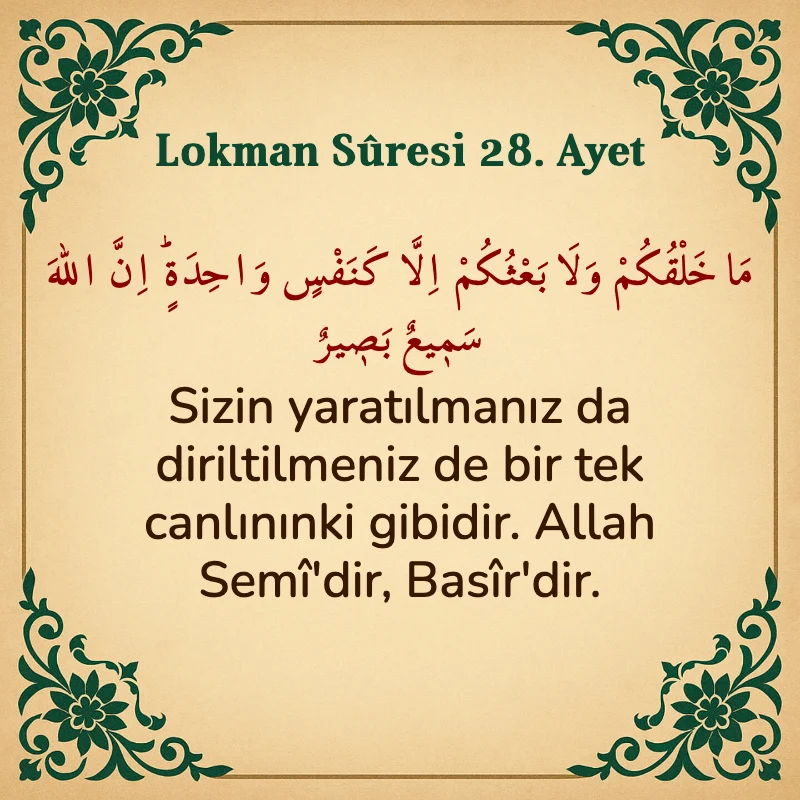 Lokman Suresi 28. Ayet Arapça ve Türkçe meali