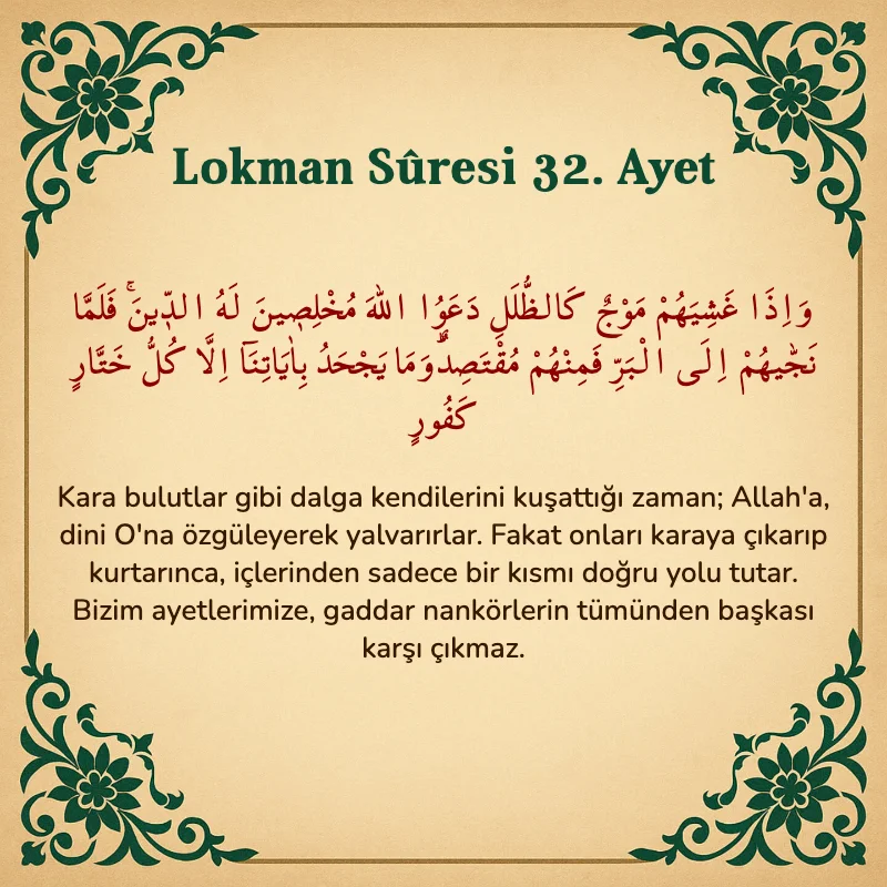 Lokman Suresi 32. Ayet Arapça ve Türkçe meali