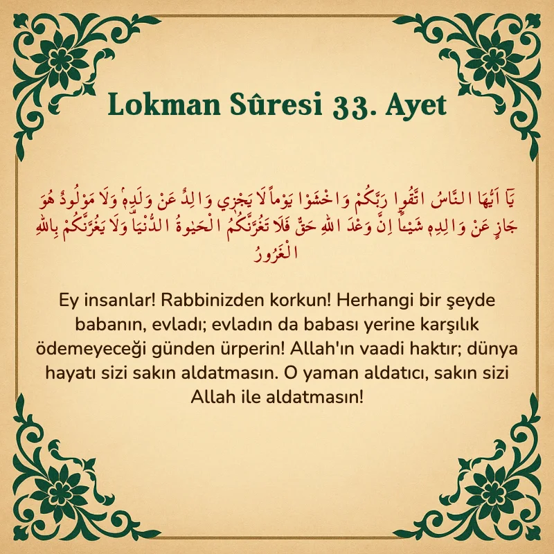 Lokman Suresi 33. Ayet Arapça ve Türkçe meali
