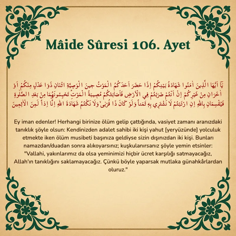 Mâide Sûresi 106. Ayet Arapça ve Türkçe meali
