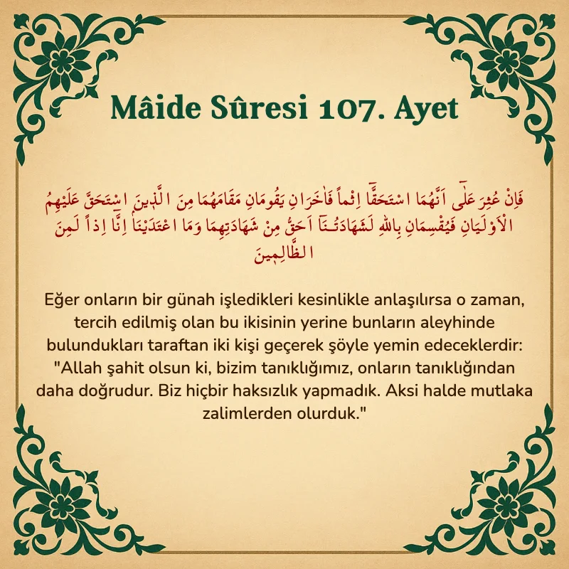 Mâide Sûresi 107. Ayet Arapça ve Türkçe meali