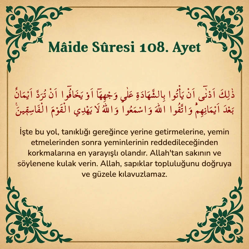 Mâide Sûresi 108. Ayet Arapça ve Türkçe meali