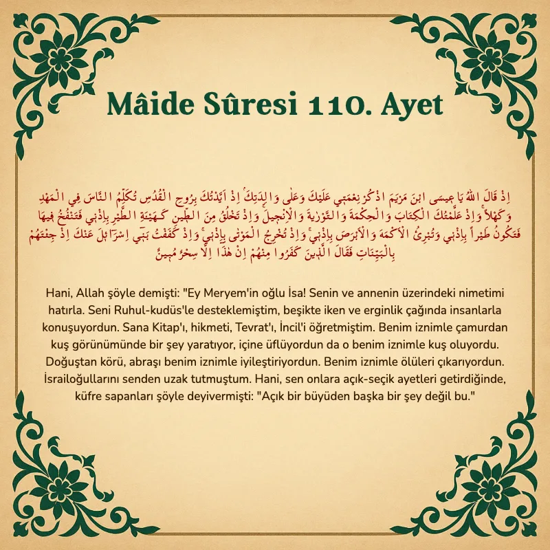 Mâide Sûresi 110. Ayet Arapça ve Türkçe meali