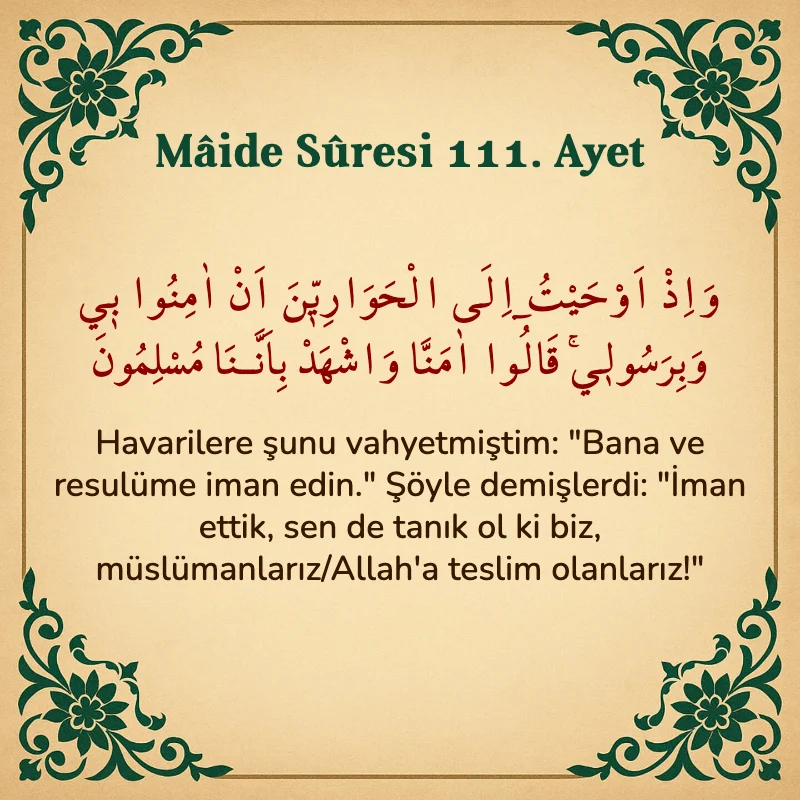 Mâide Sûresi 111. Ayet Arapça ve Türkçe meali