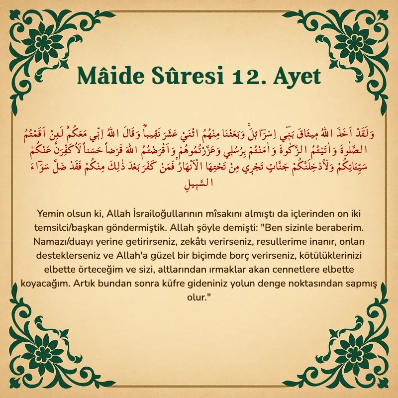Mâide Sûresi 12. Ayet Arapça ve Türkçe meali