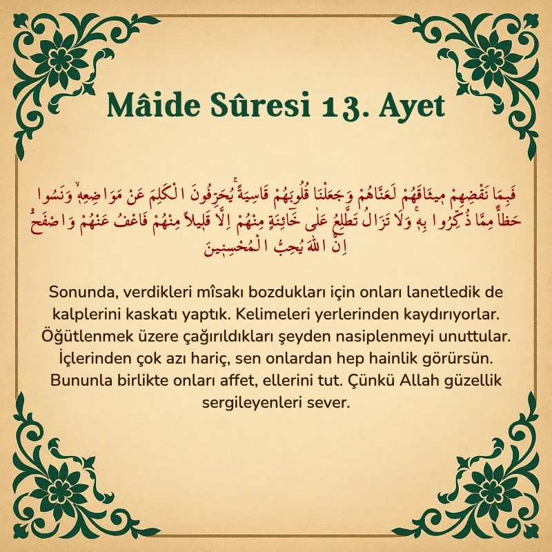Mâide Sûresi 13. Ayet Arapça ve Türkçe meali