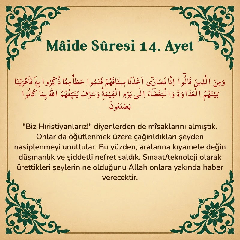 Mâide Sûresi 14. Ayet Arapça ve Türkçe meali