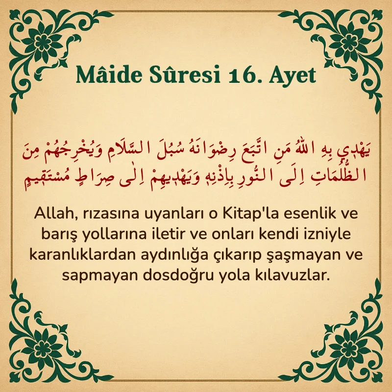 Mâide Sûresi 16. Ayet Arapça ve Türkçe meali