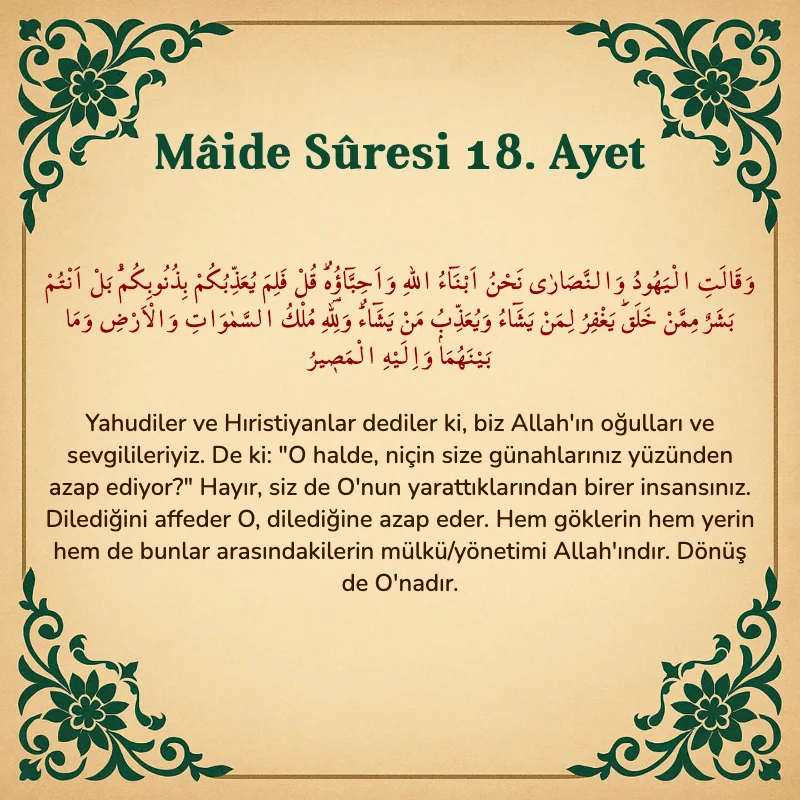 Mâide Sûresi 18. Ayet Arapça ve Türkçe meali