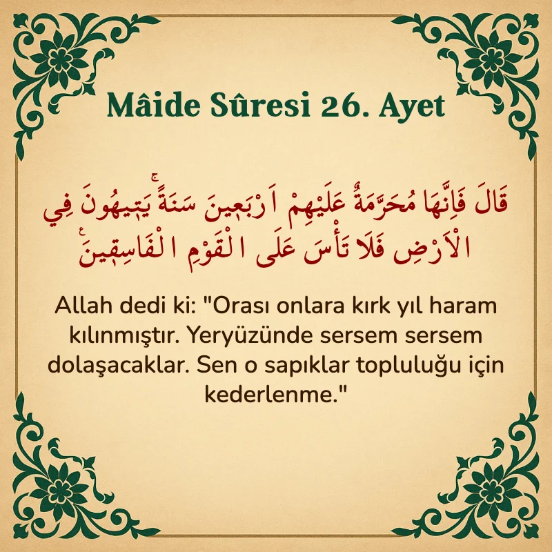 Mâide Sûresi 26. Ayet Arapça ve Türkçe meali