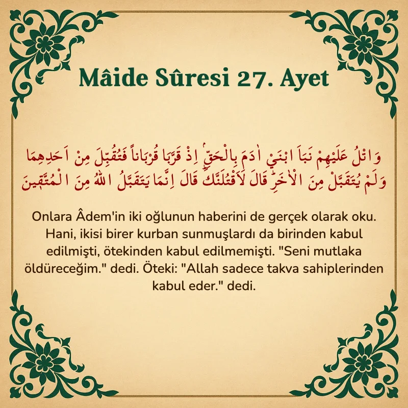 Mâide Sûresi 27. Ayet Arapça ve Türkçe meali