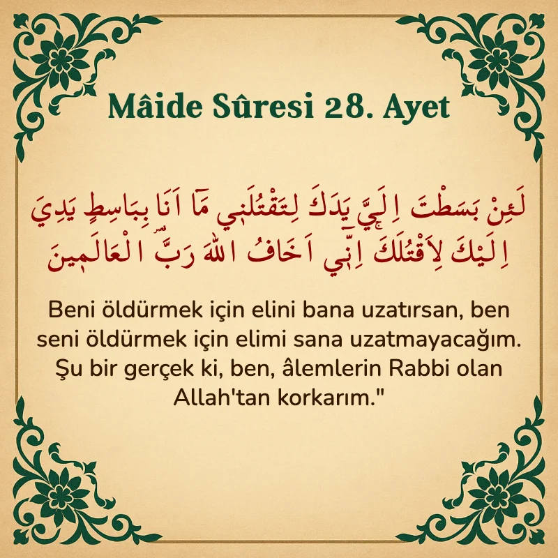 Mâide Sûresi 28. Ayet Arapça ve Türkçe meali
