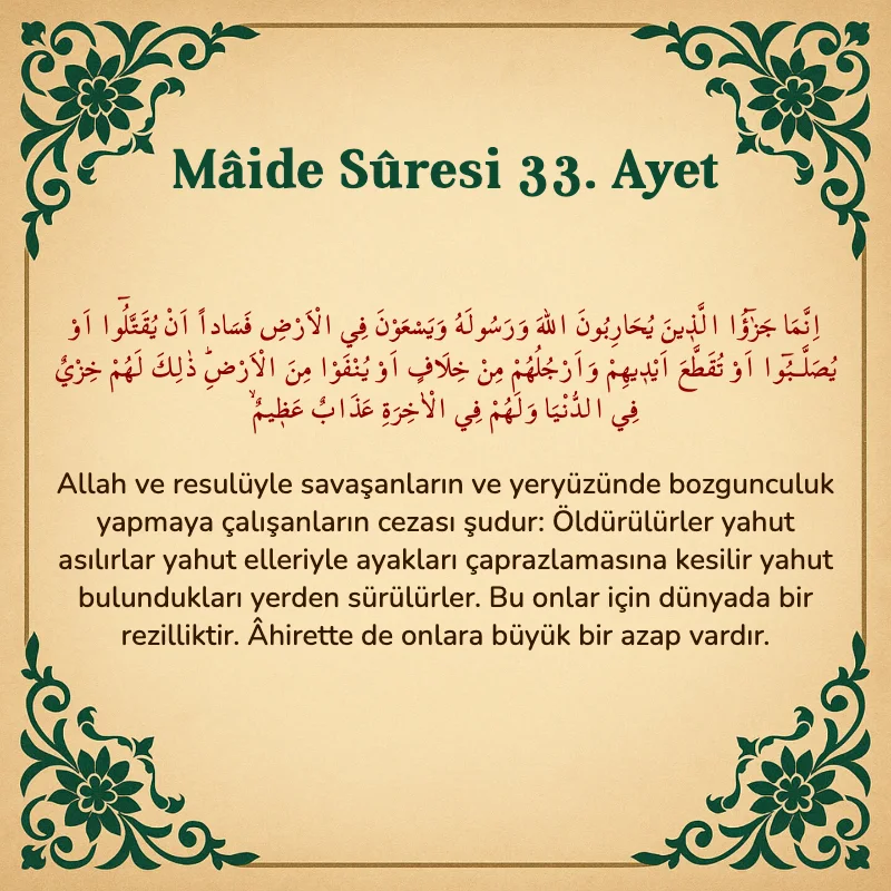 Mâide Sûresi 33. Ayet Arapça ve Türkçe meali