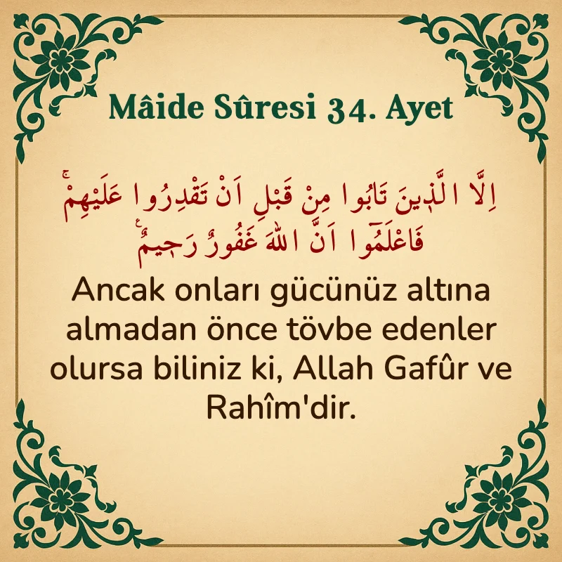 Mâide Sûresi 34. Ayet Arapça ve Türkçe meali