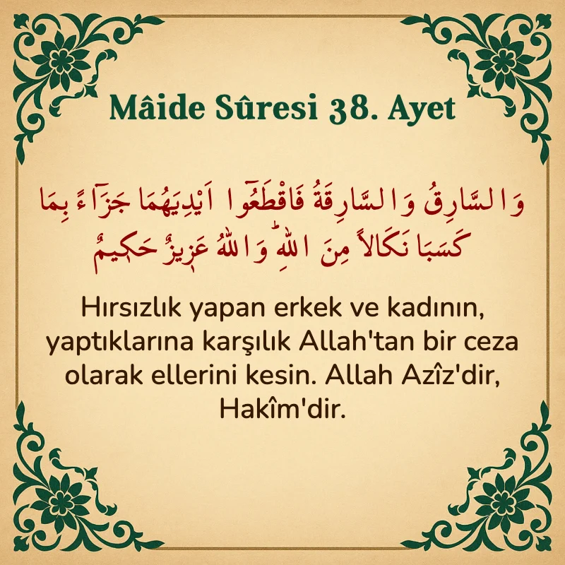 Mâide Sûresi 38. Ayet Arapça ve Türkçe meali