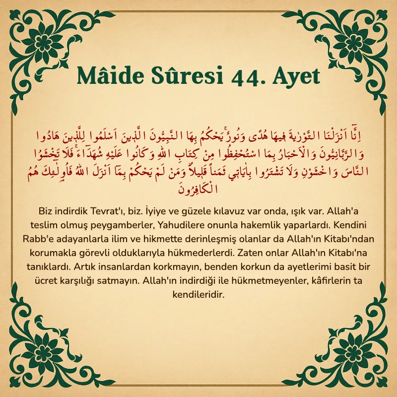 Mâide Sûresi 44. Ayet Arapça ve Türkçe meali