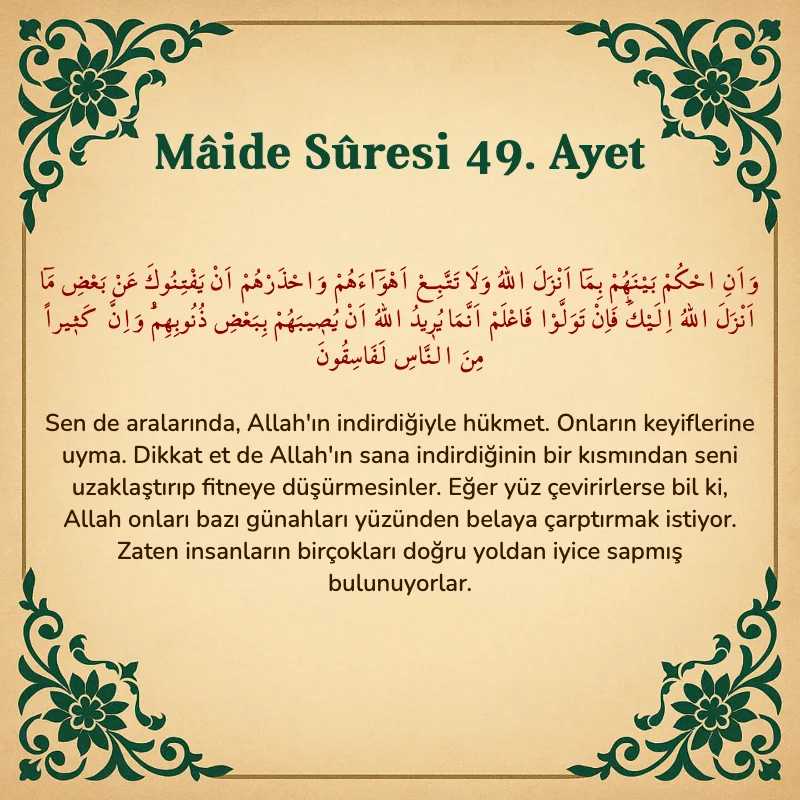 Mâide Sûresi 49. Ayet Arapça ve Türkçe meali